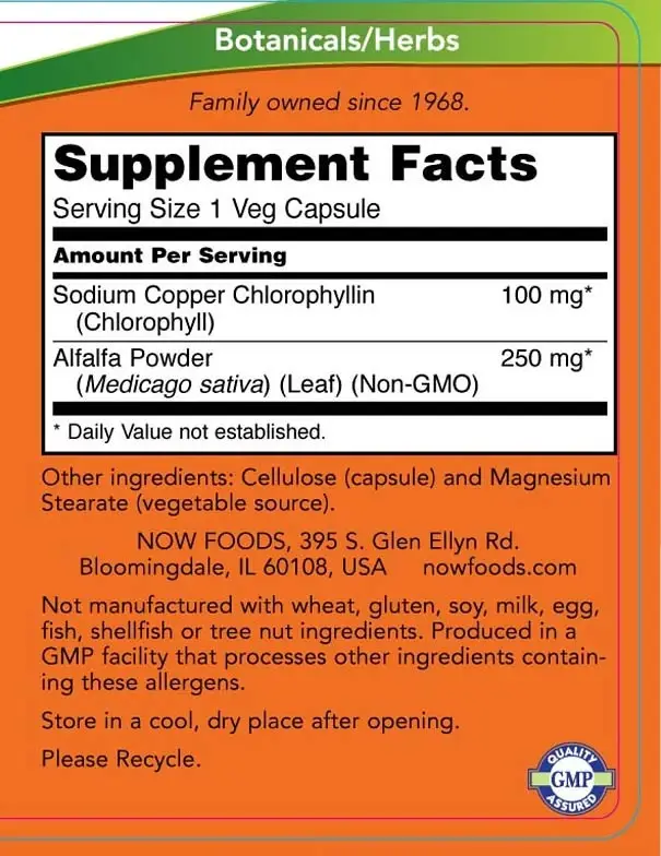 Chlorophyll 100 mg - NOW Foods - 90 vegetabilske kapsler - Billede 2