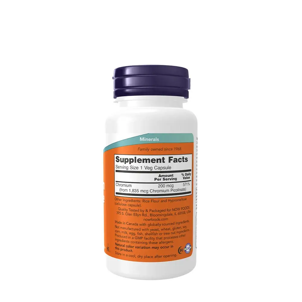 Chromium Picolinate 200 mcg - NOW Foods - 100 Vegetabilske Kapsler - Billede 2