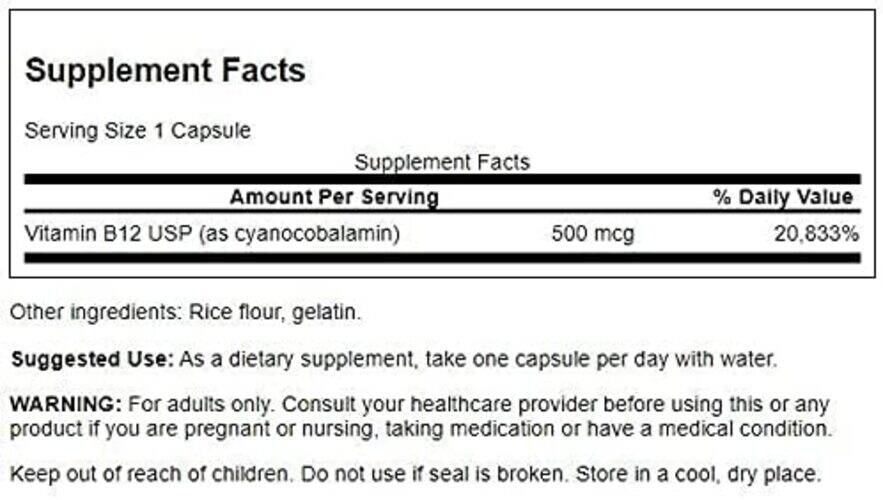 Vitamin B12, 500mcg – 100 kapsler - Billede 3